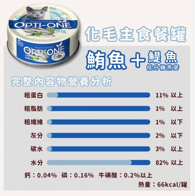 【歐力】OPTI-ONE 主食罐 化毛主食罐系列 (鮪魚+鯷魚+低升糖燕麥) 罐頭 貓罐頭 90g