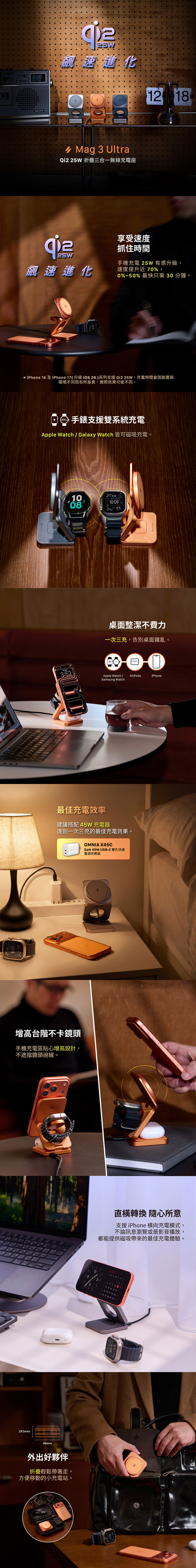 【亞果元素】Mag 3 Ultra Qi2 25W 折疊式三合一無線充電座