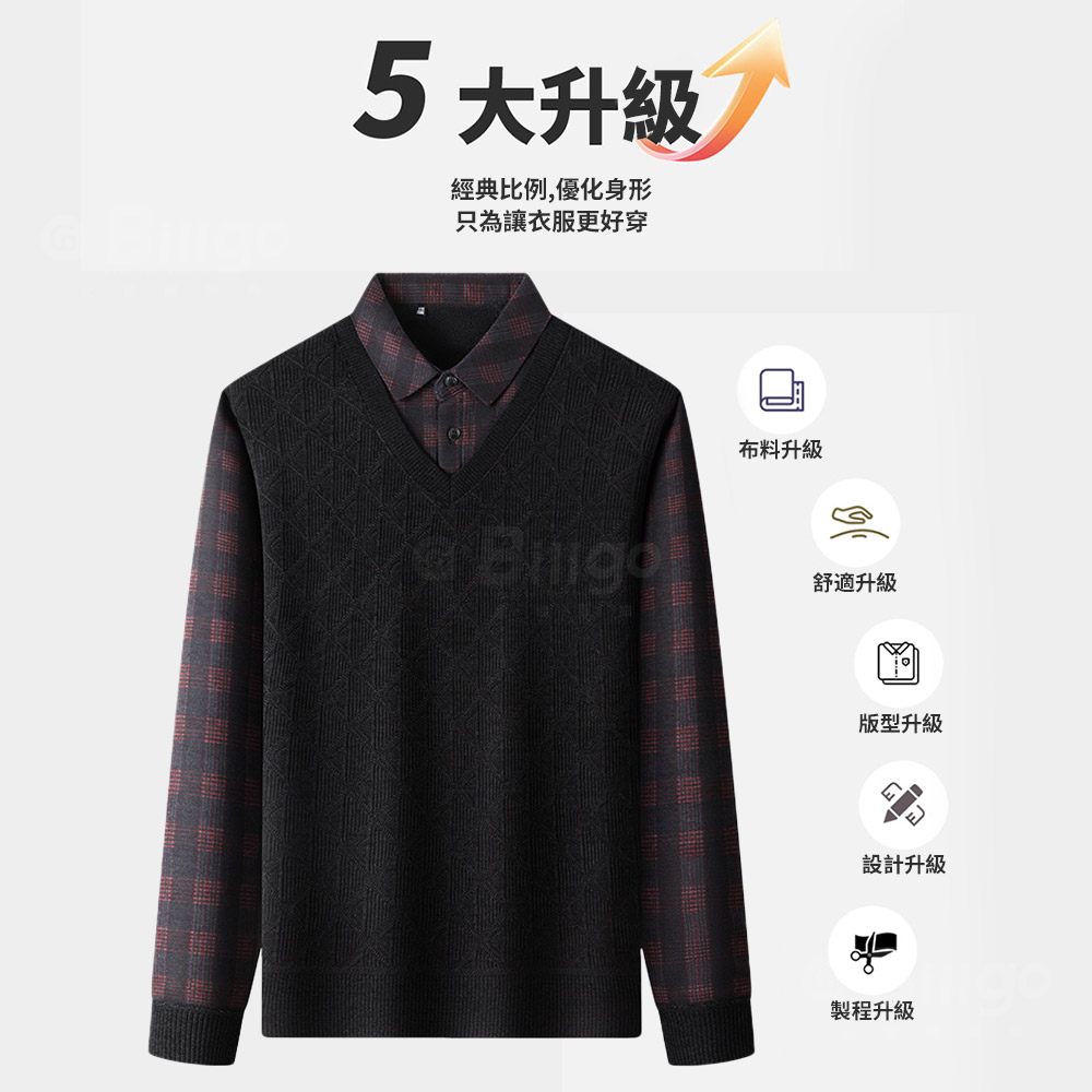 緹花針織格紋刷毛假兩件POLO衫