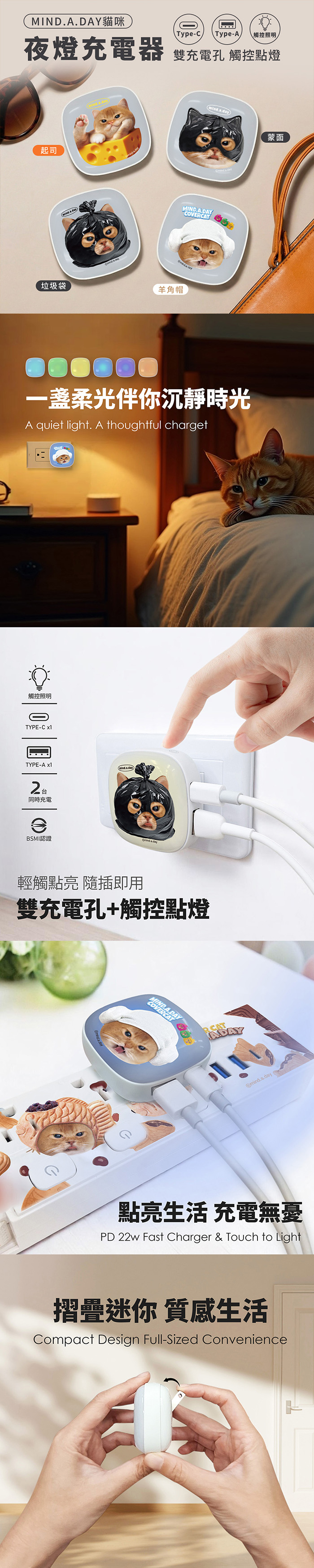 【正版授權】Mind.A.Day貓咪 22W小燈泡充電器/充電頭