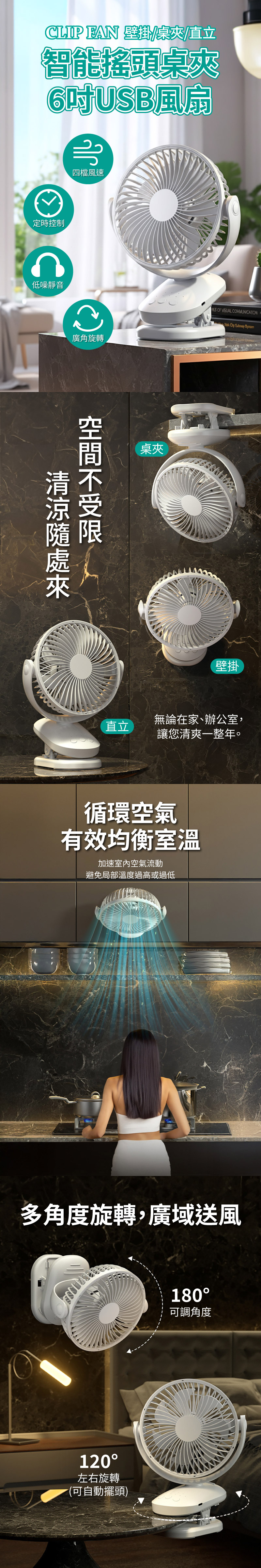 【APEX】智能搖頭桌夾6吋USB風扇(壁掛/桌夾/直立)