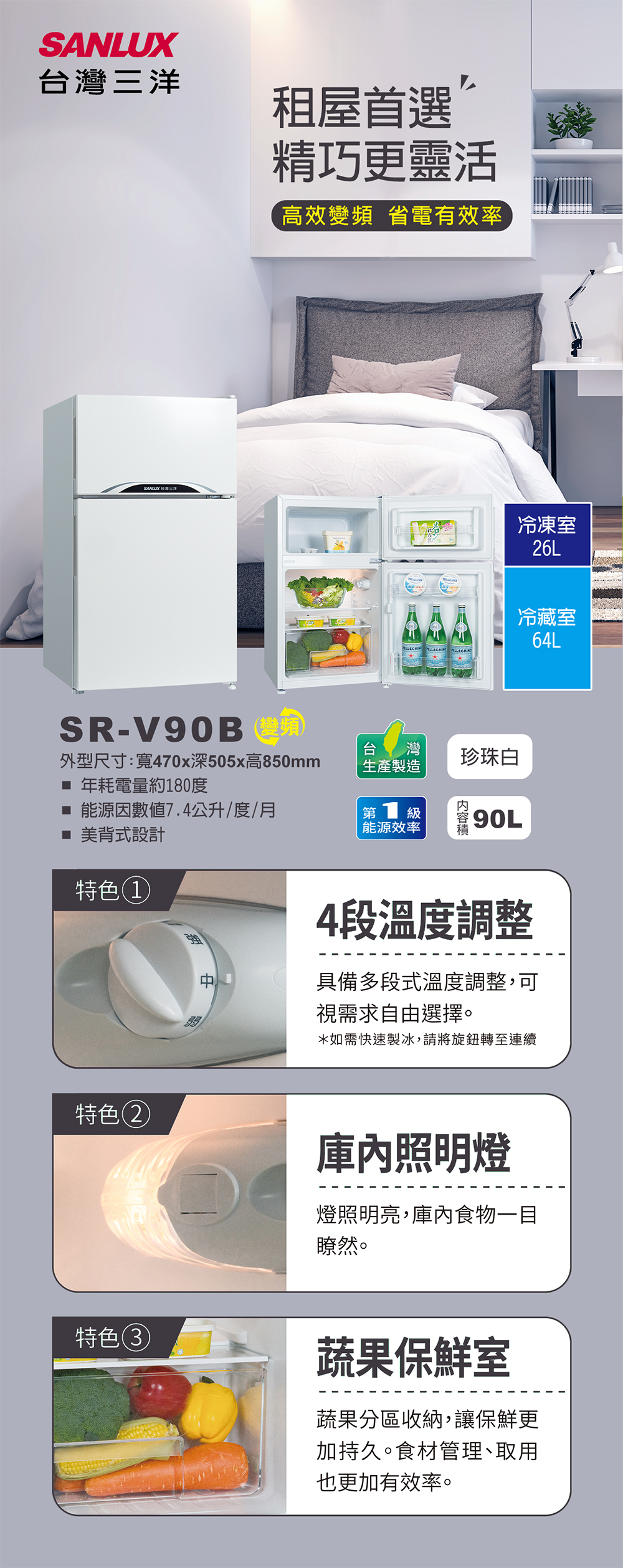 【SANLUX 台灣三洋】90公升變頻雙門電冰箱(SR-V90B)