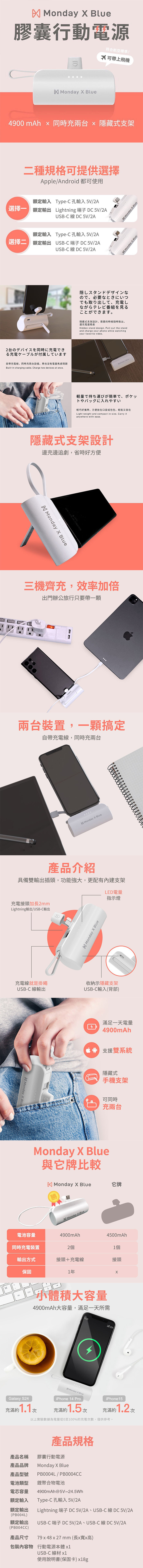 Monday X Blue 膠囊行動電源 4900mAh 直插式自帶線口袋行動電源(Lightning/Type-C任選)