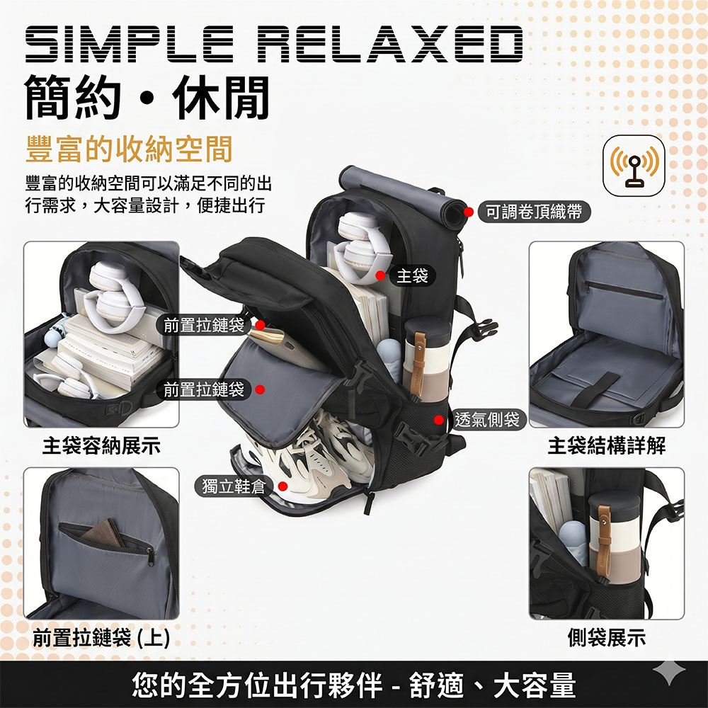 【JAR嚴選】Loaion新款USB款防水獨立鞋倉商務旅行背包(預購14個工作天)