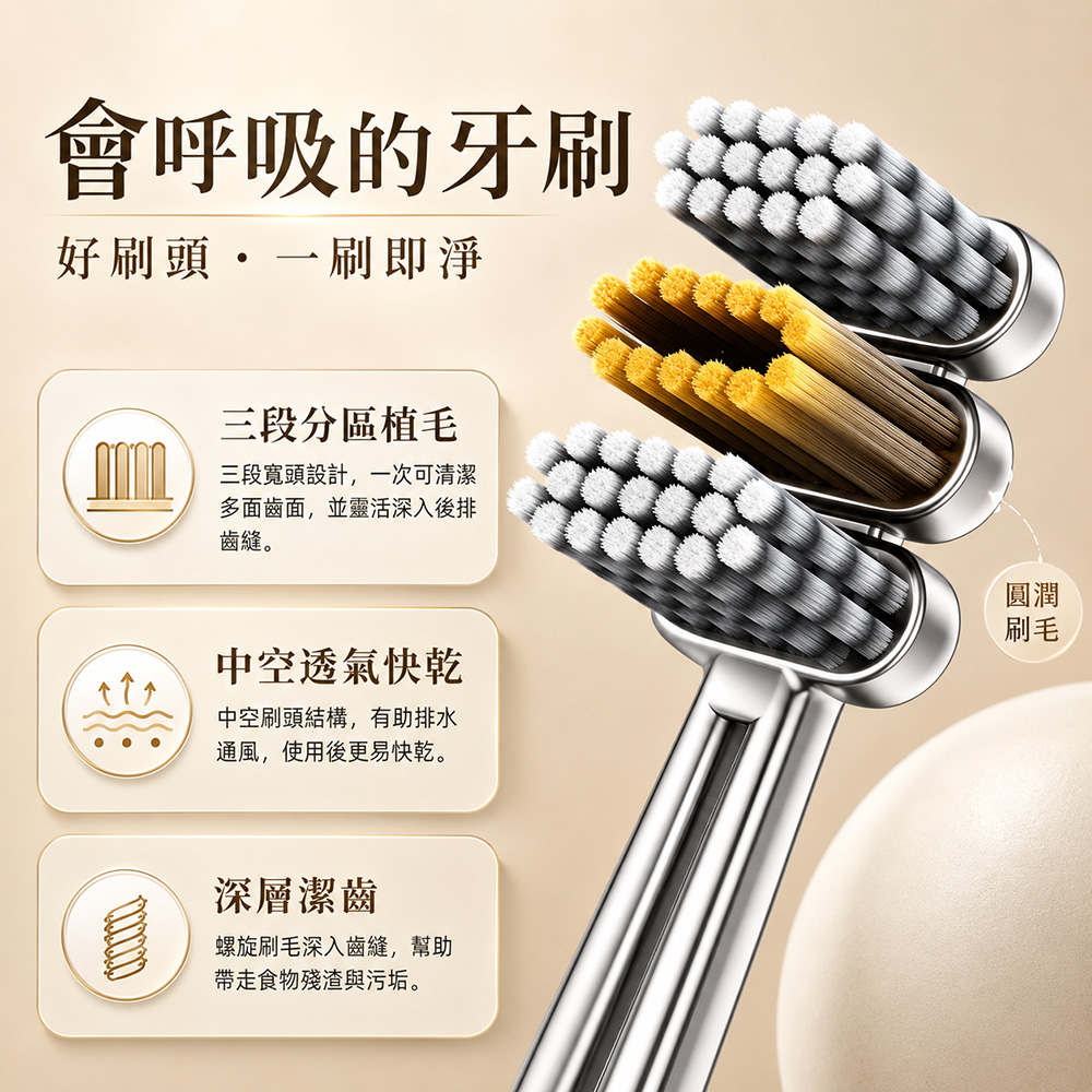 成人分區軟毛牙刷 三刷頭替換式清潔牙刷 家用情侶家庭裝 (隨機出貨)