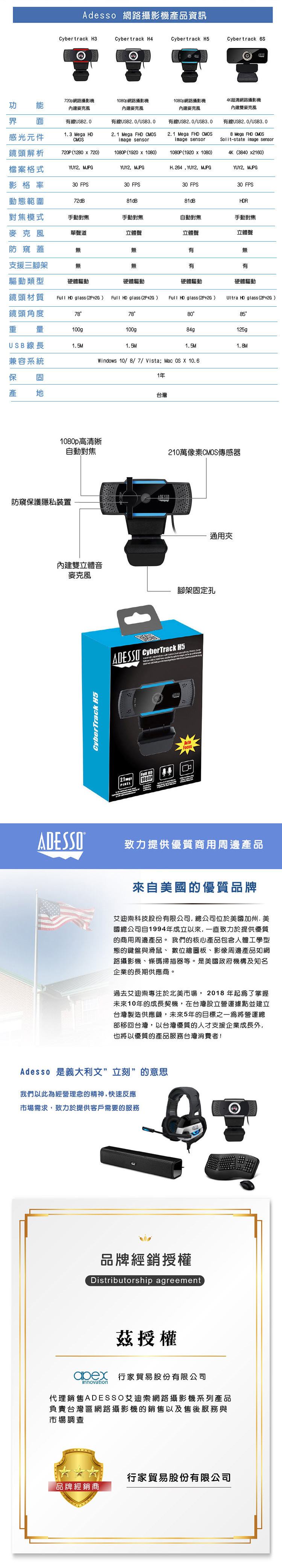 【美國ADESSO】網路攝影機 視訊鏡頭 H5 1080P 台灣製