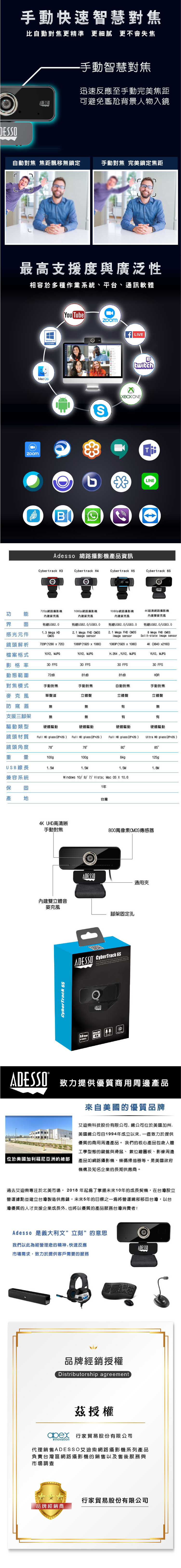 【美國ADESSO】網路攝影機 視訊鏡頭 6S 4K 台灣