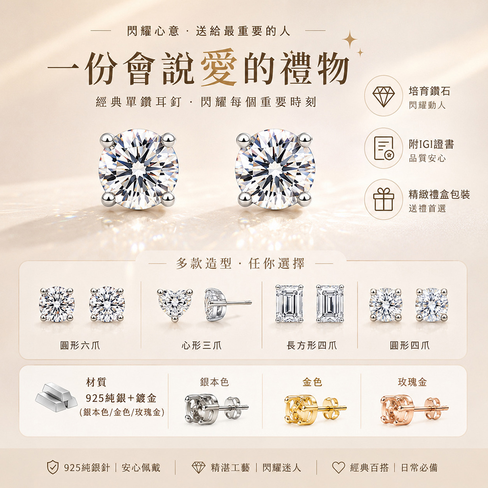IGI培育鑽石耳釘 DE色 VVS淨度 3EX切工 爪鑲耳環