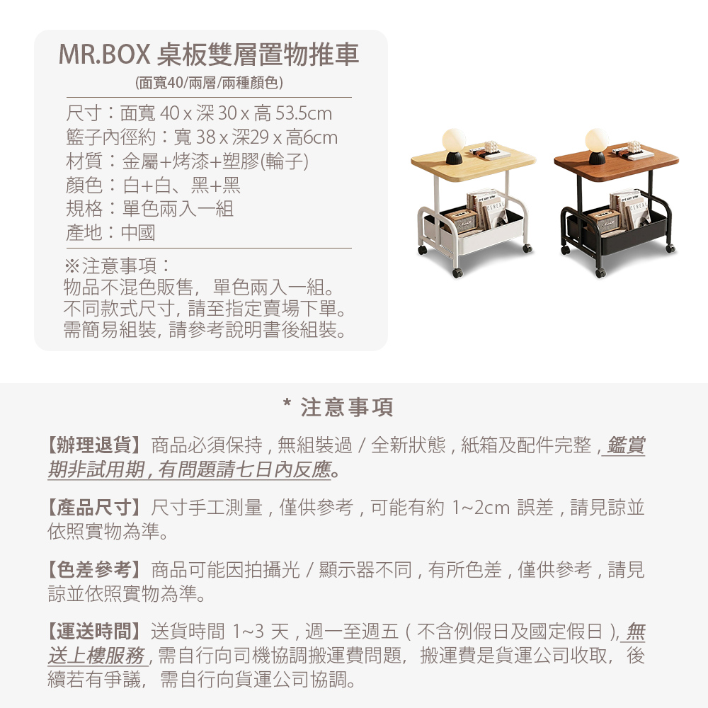 【Mr.box】2入組-鐵製小茶几收納架桌板置物推車/電腦桌-附輪