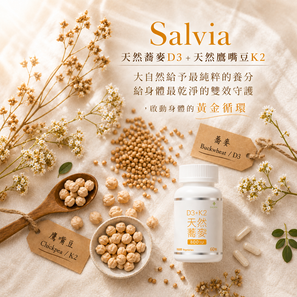 【Salvia】天然蕎麥D3+K2膠囊60顆/瓶800IU