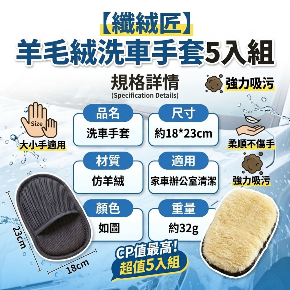 【纖絨匠】羊毛絨洗車手套 大小手適用不傷手強力吸污