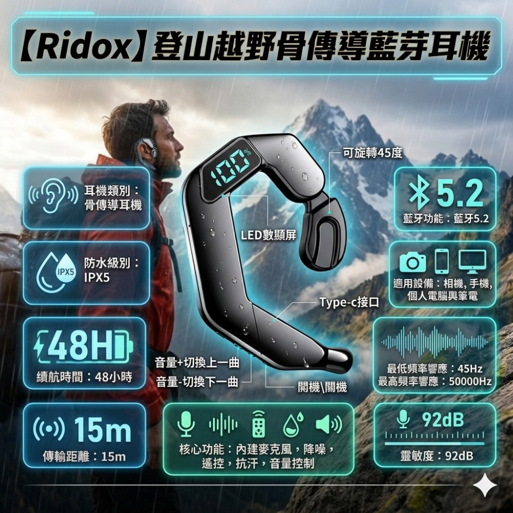 【Ridox】登山越野骨傳導藍芽耳機 開放耳道感知山林聲 IPX5全候防水