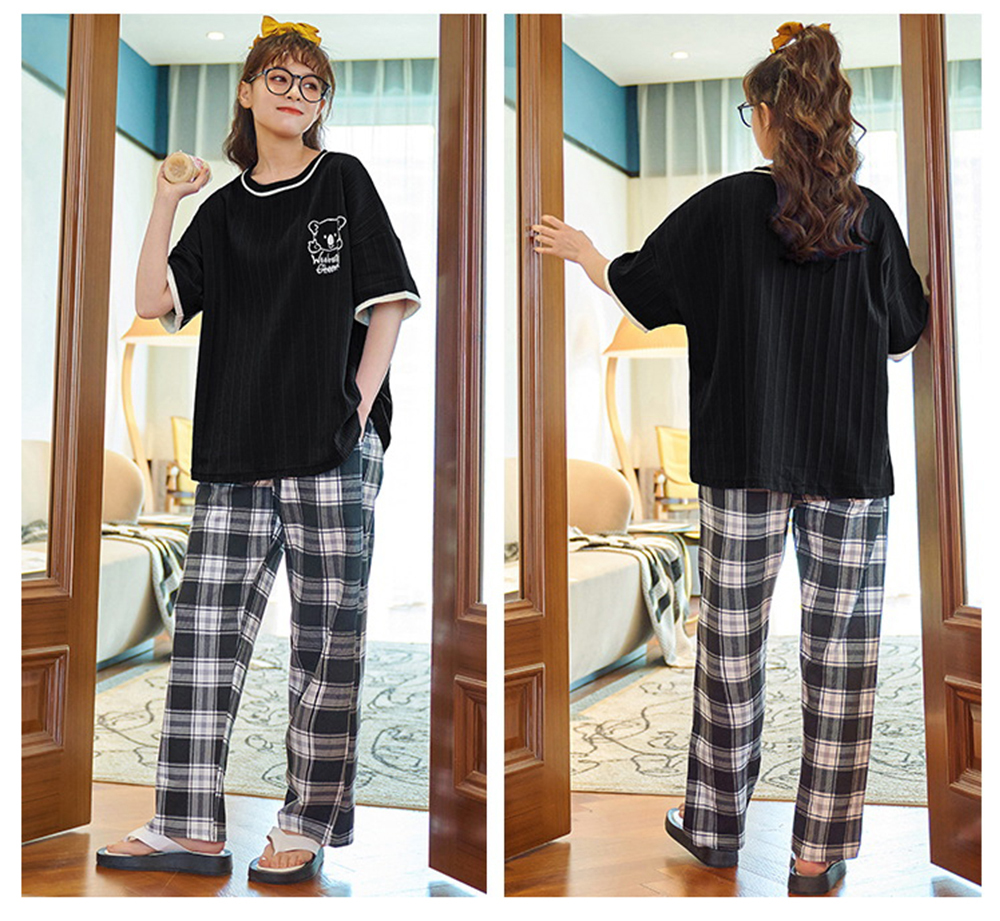 純棉圓領舒適寬鬆短袖睡衣褲組 居家服 家居服 M-2XL 大尺碼睡衣