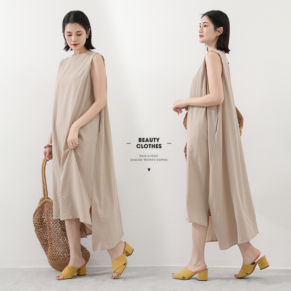 韓系高質感涼感寬鬆棉麻文青層次感洋裝 4色 棉麻連身裙 棉麻連衣裙