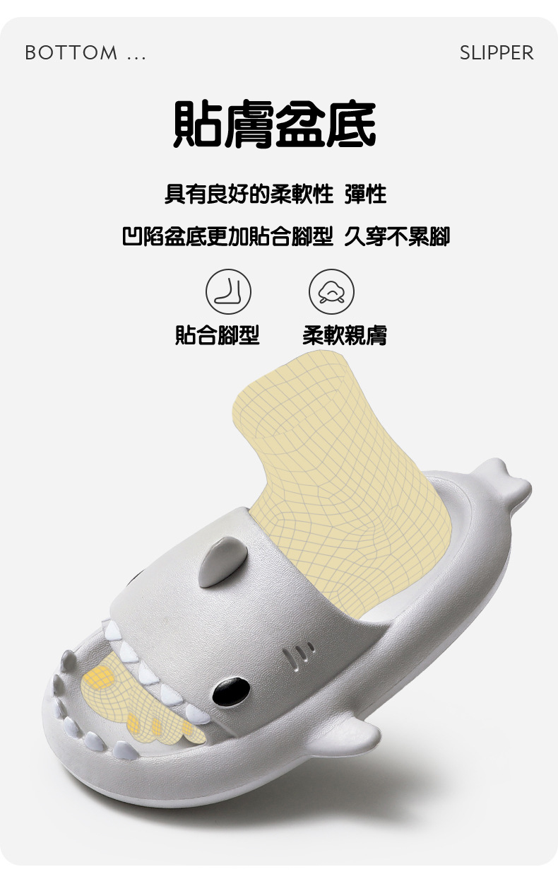 兒童立體軟底鯊魚拖鞋 EVA材質 凹陷盆底 防滑 耐磨
