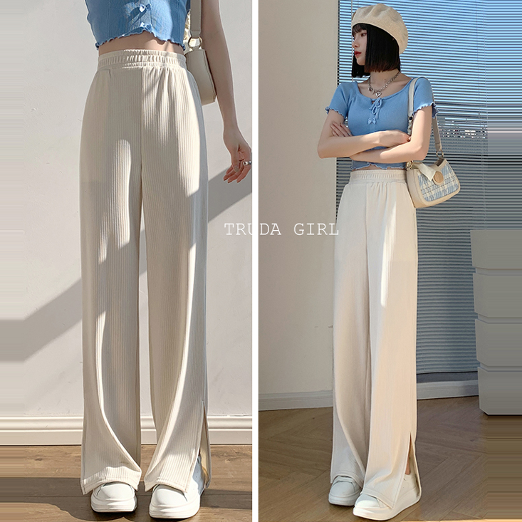 S-XL美腿鬆緊腰開叉坑條闊腿褲 寬褲 休閒褲