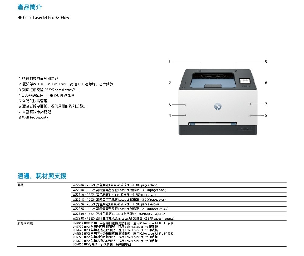 【HP】原廠 3203dw 雙頻網路無線自動雙面列印彩色雷射印表機(2年保固)