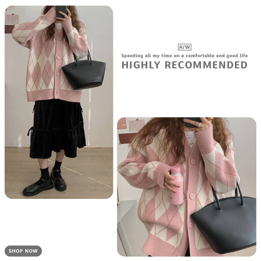 日系風菱格寬鬆針織外套 4色可選