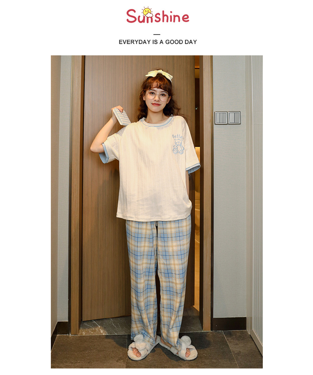 純棉圓領舒適寬鬆短袖睡衣褲組 居家服 家居服 M-2XL 大尺碼睡衣