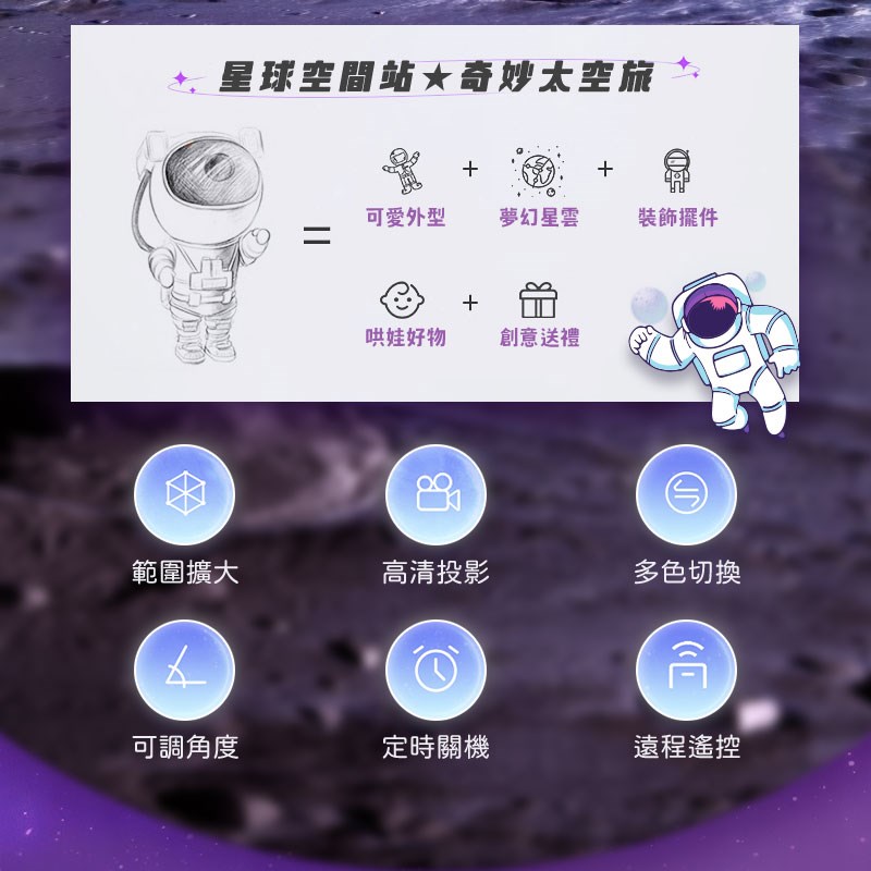 宇航員星空氛圍投影燈(頭部90度可調整 遙控操作 自由定時 交換禮物 氣氛燈)