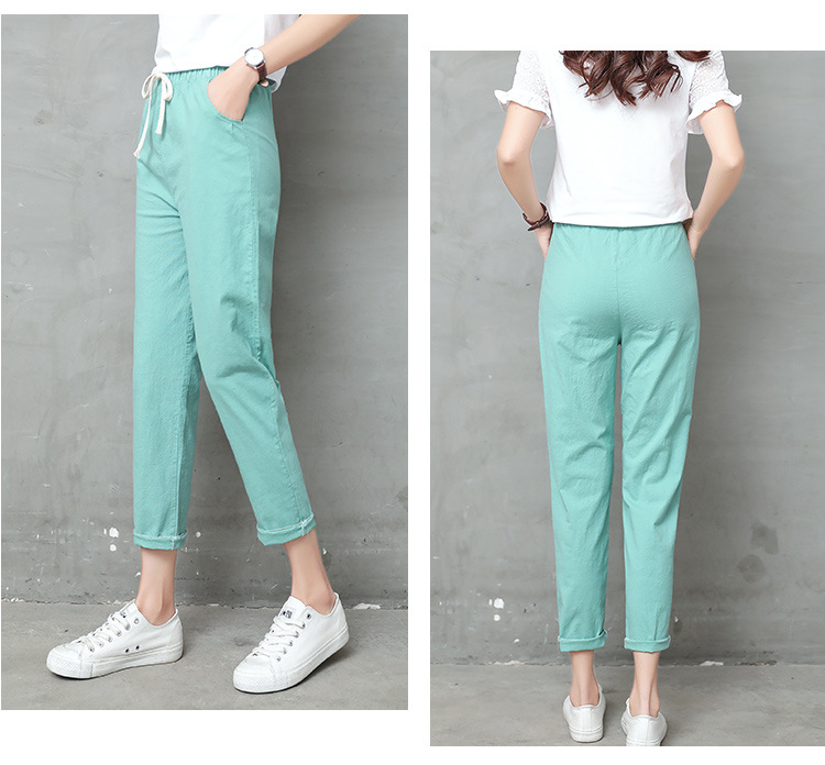 高腰顯瘦寬鬆亞麻九分哈倫休閒褲 女褲 多色任選 M-2XL