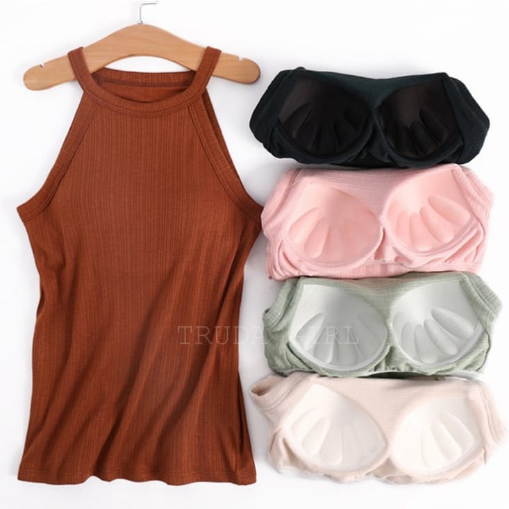 超柔帶胸墊免穿bra背心上衣 莫代爾背心 胸墊背心 五色任選