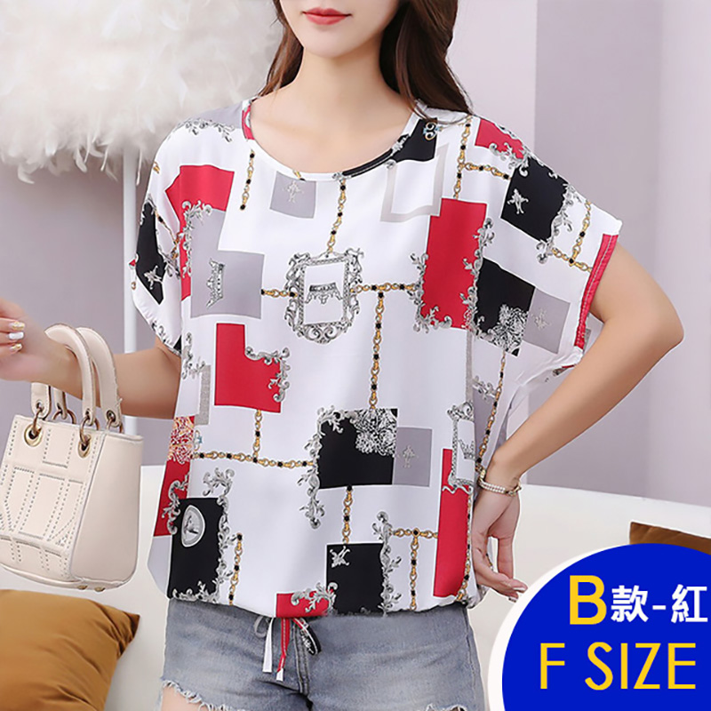 韓國簡約寬鬆顯瘦印花蝙蝠袖雪紡涼爽上衣 短袖上衣 雪紡上衣 棉質上衣 多款多尺寸