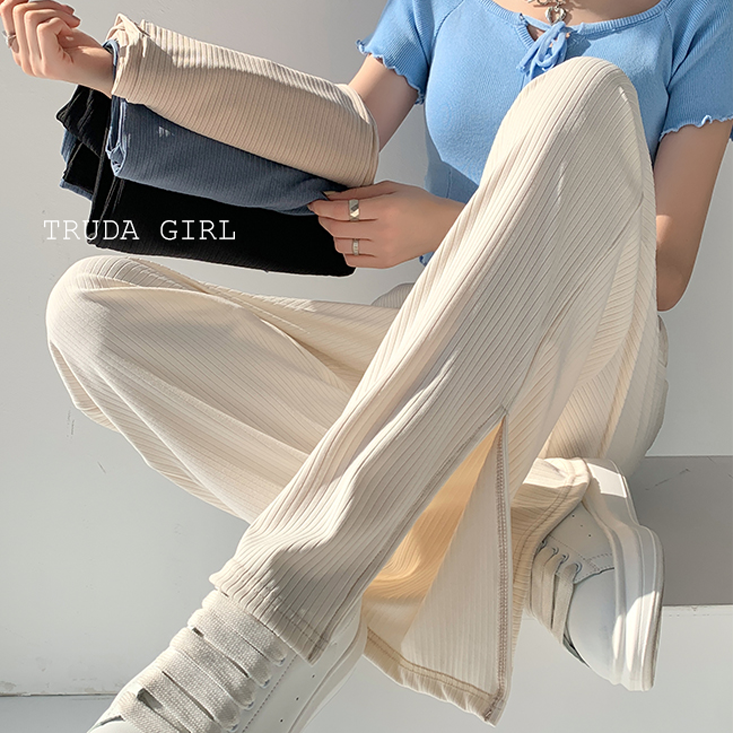 S-XL美腿鬆緊腰開叉坑條闊腿褲 寬褲 休閒褲