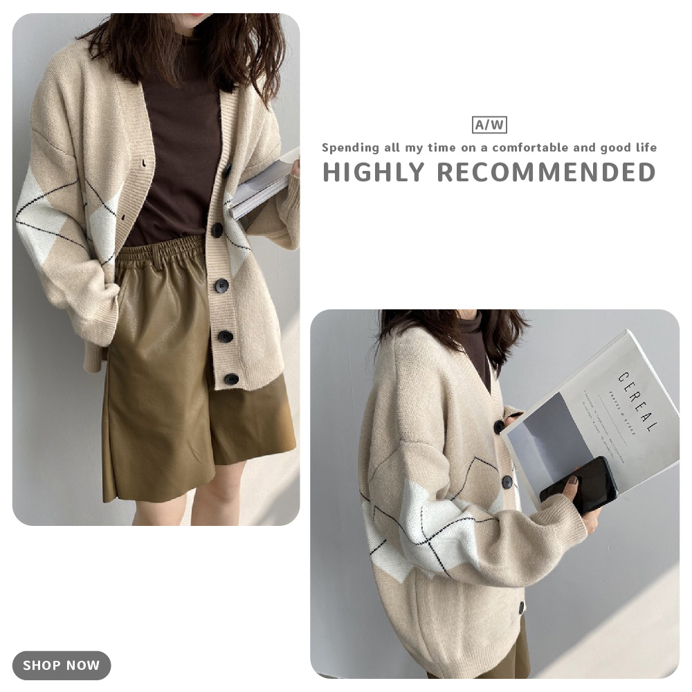 日系風菱格寬鬆針織外套 4色可選