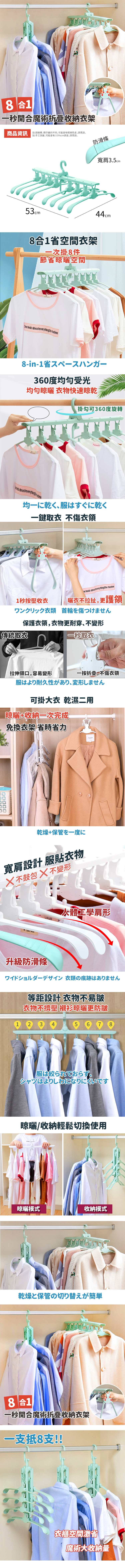 【JOSIC】秒收連掛8合1折疊防滑寬肩衣架(超值2入組)