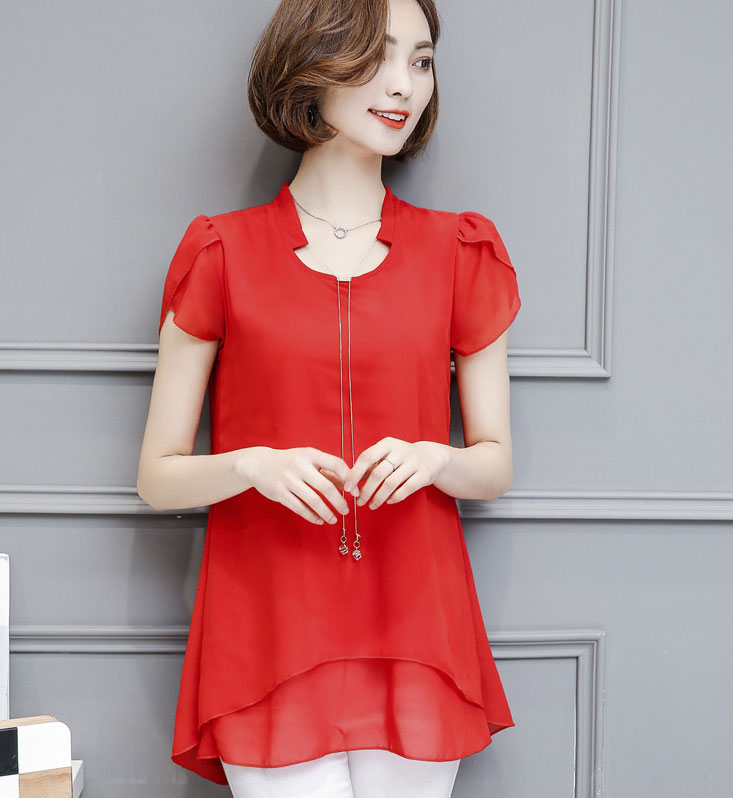 大碼荷葉袖顯瘦修身雪紡上衣 XL-3XL