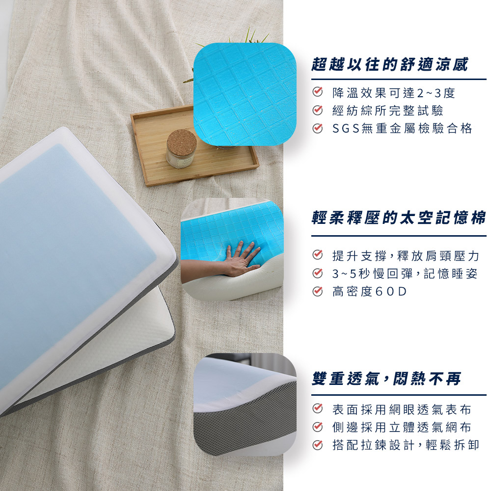 【BEST】冰晶涼感記憶枕 涼感枕頭 贈3M防潑水大和枕套(灰)