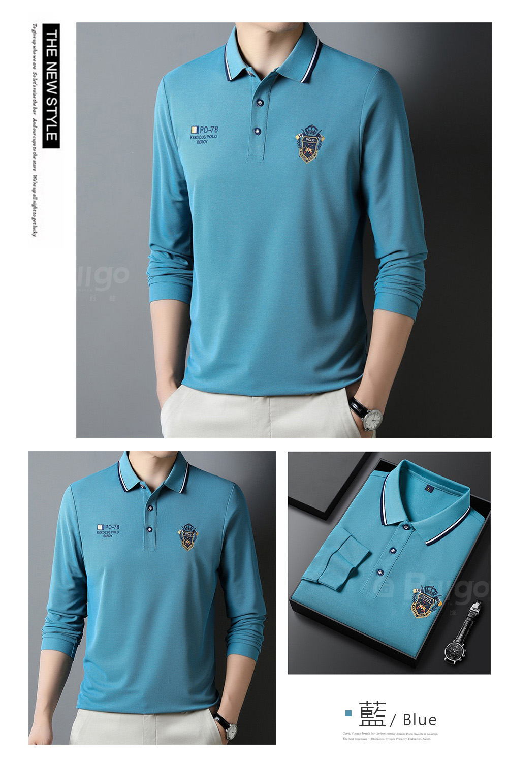 徽章刺繡透氣長袖POLO衫 透氣親膚 四色 M-4XL