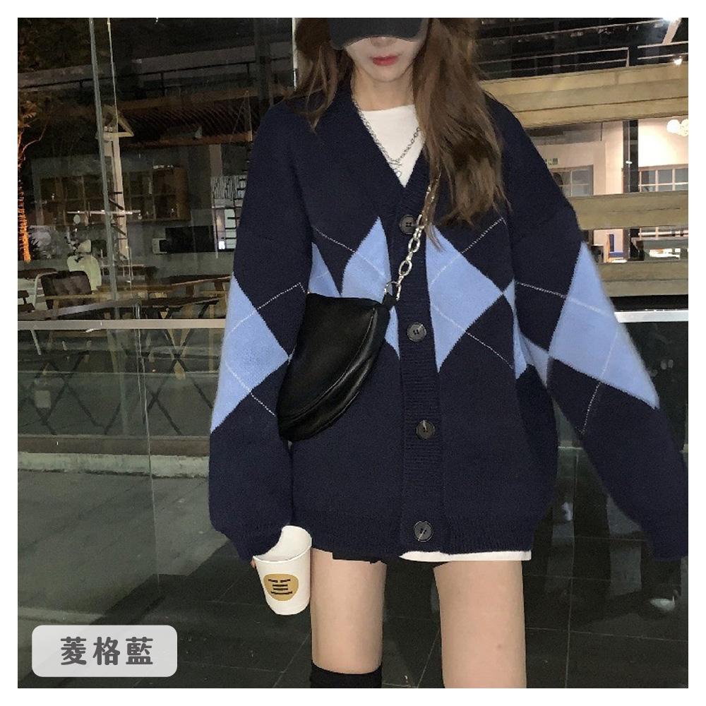 日系風菱格寬鬆針織外套 4色可選