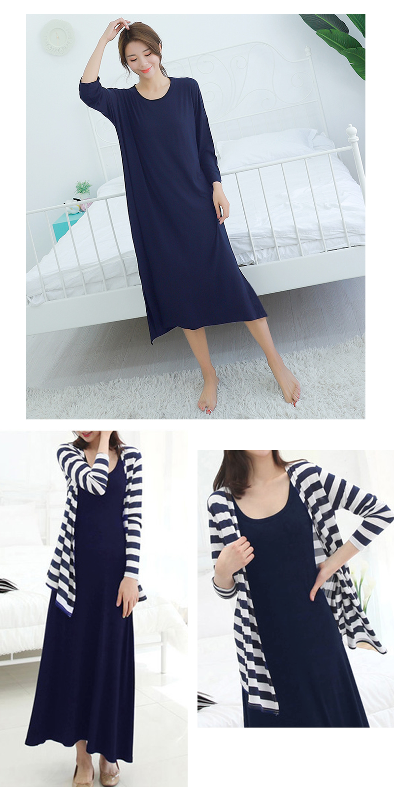 寬鬆圓領莫代爾長袖休閒連身裙洋裝 M-XL 4色任選