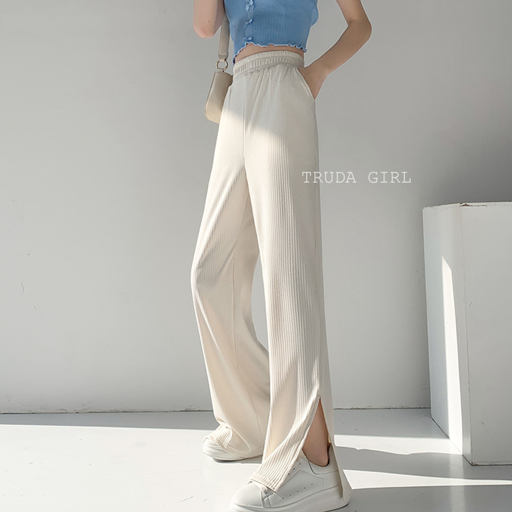 S-XL美腿鬆緊腰開叉坑條闊腿褲 寬褲 休閒褲