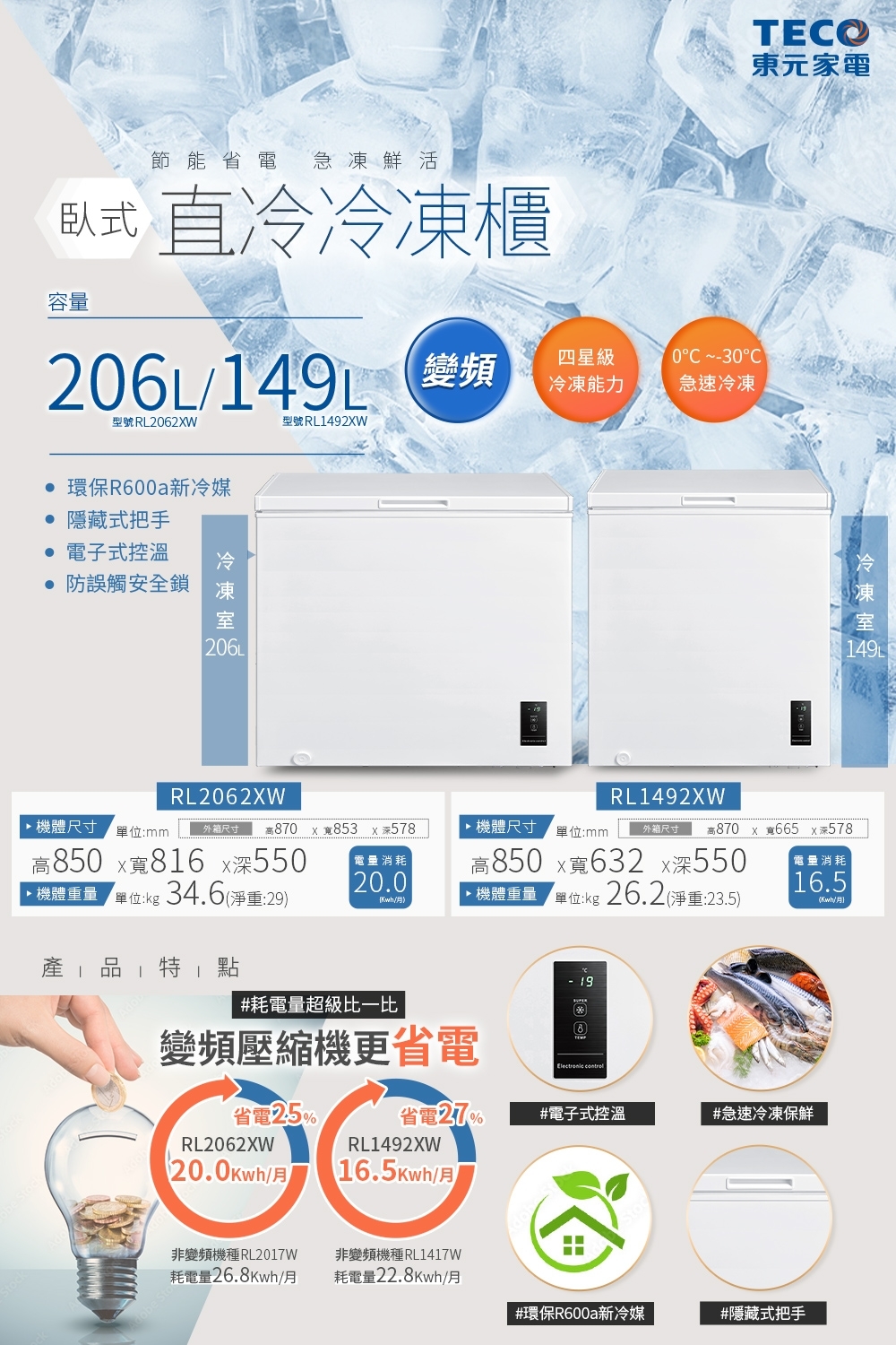【TECO 東元】206公升上掀式臥式變頻冷凍櫃 含拆箱定位 RL2062XW