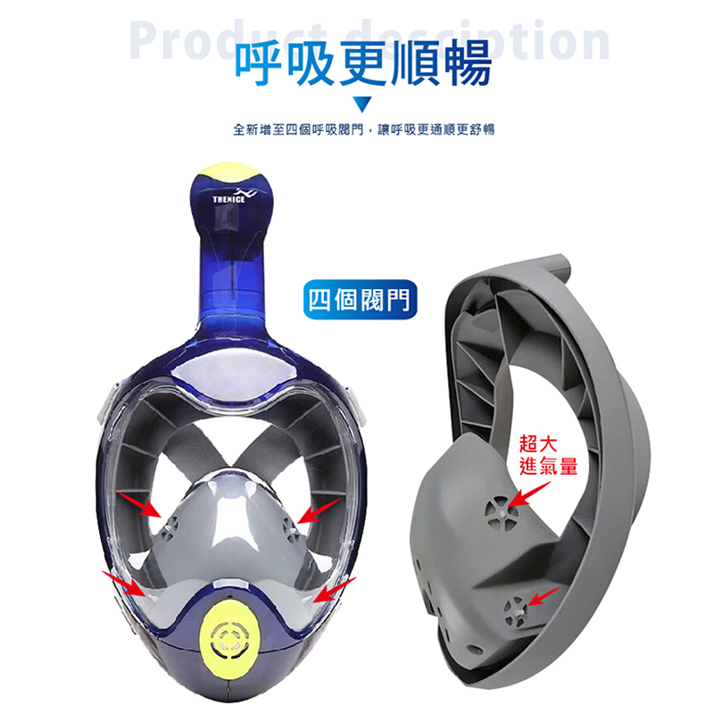 【THENICE】新款 全罩式浮潛呼吸面罩 (M2100)忍者款 - 內斂黑