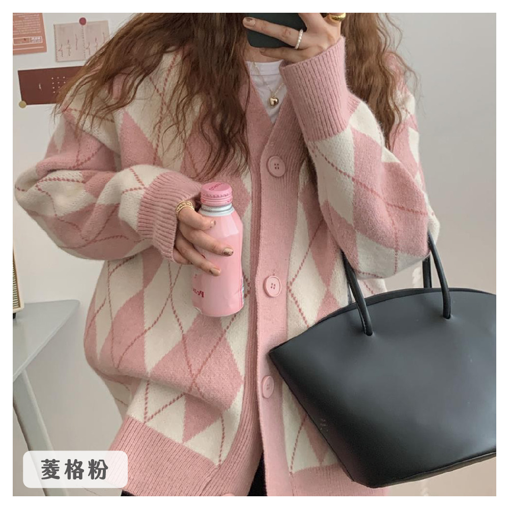 日系風菱格寬鬆針織外套 4色可選