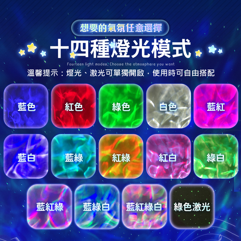 可遙控RGBW夢幻星空投影燈(14種燈光/呼吸燈) 保固三個月