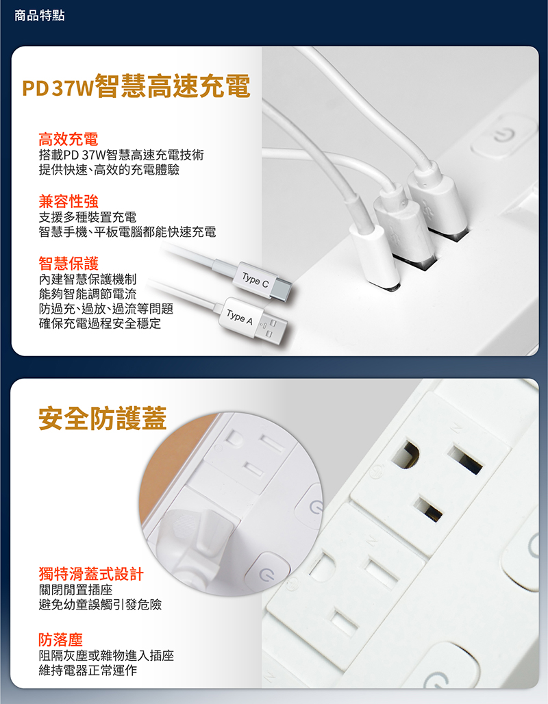 【太星電工】速充寶PD37W四開三插快充滑蓋電腦線3P 4/6尺