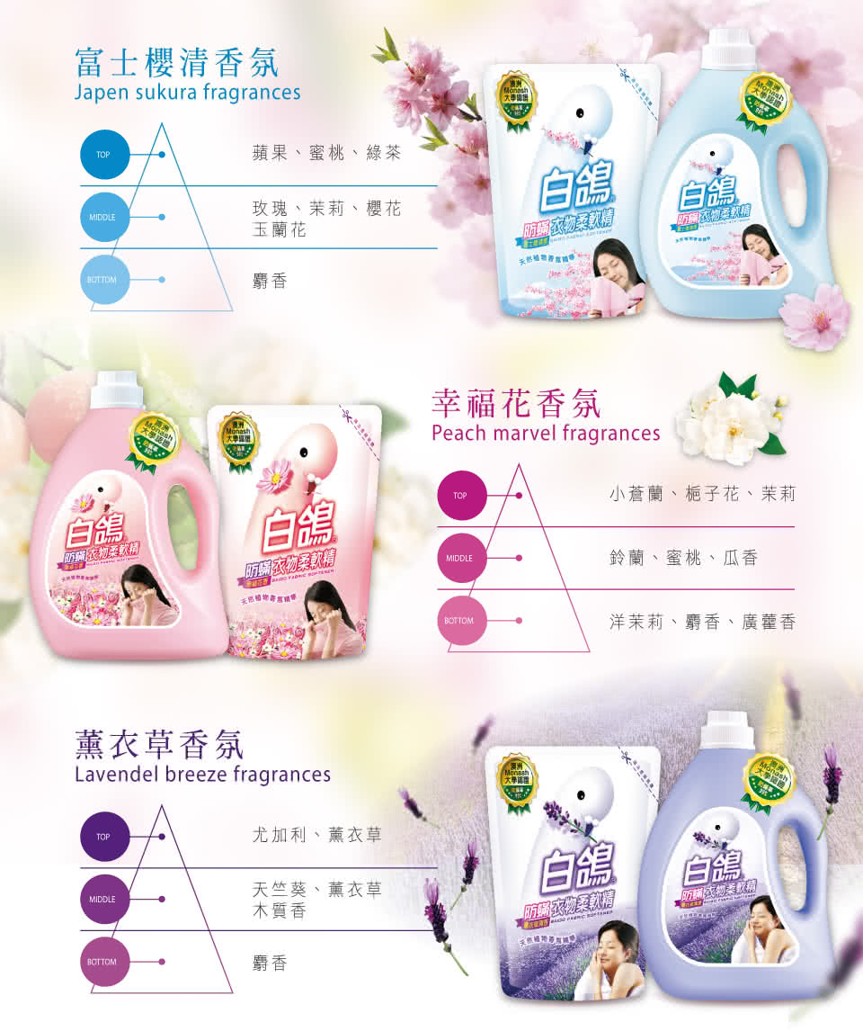 【白鴿】柔軟精補充包系列1800g 小蒼蘭/幸福花香/高雅玫瑰/富士櫻/薰衣草