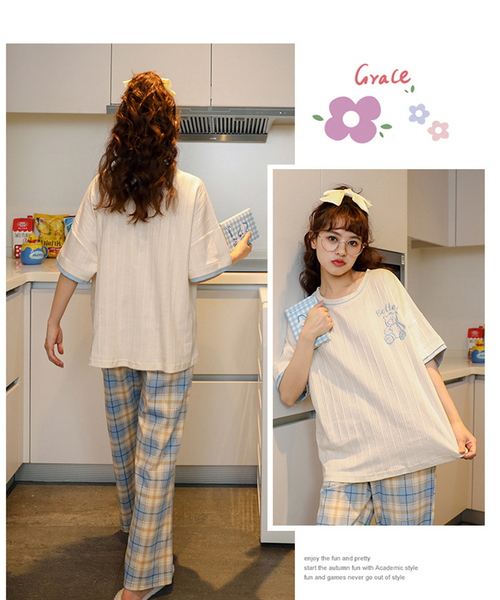 純棉圓領舒適寬鬆短袖睡衣褲組 居家服 家居服 M-2XL 大尺碼睡衣