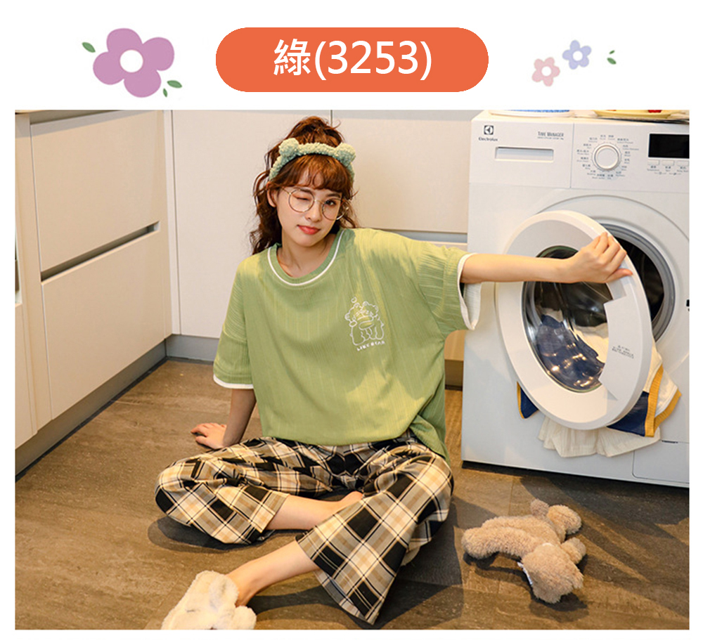 純棉圓領舒適寬鬆短袖睡衣褲組 居家服 家居服 M-2XL 大尺碼睡衣
