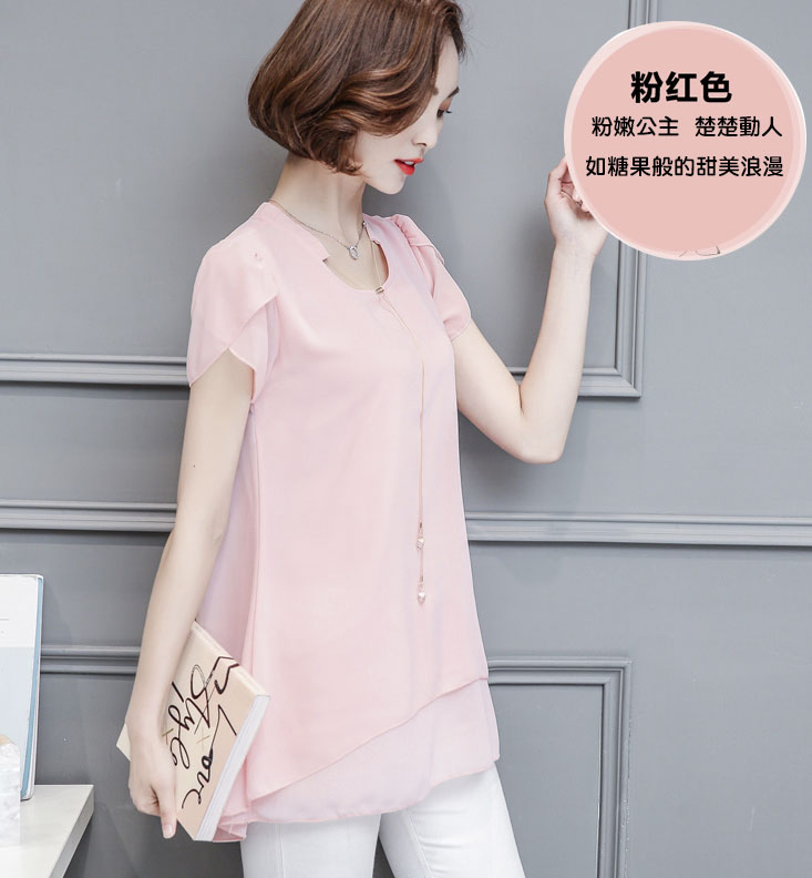 大碼荷葉袖顯瘦修身雪紡上衣 XL-3XL