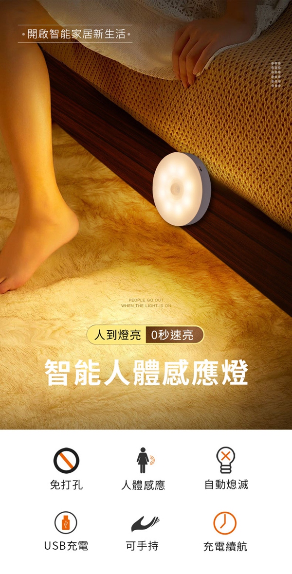 磁吸式長亮人體雙感應燈 無線人體感應燈 充電磁吸小夜燈 床頭燈家居夜燈