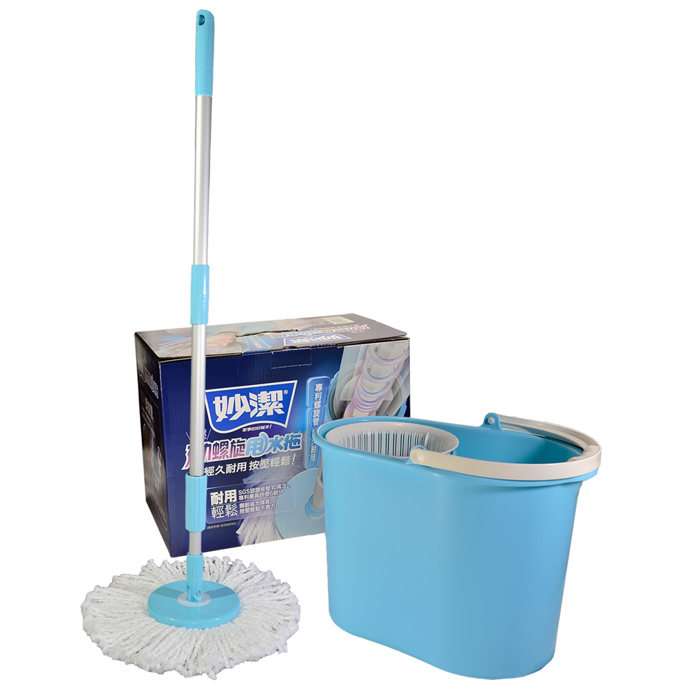 【妙潔】 手壓式彈力螺旋甩水拖把組(1拖1桶2布) SGS按壓10萬次測試合格
