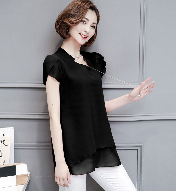 大碼荷葉袖顯瘦修身雪紡上衣 XL-3XL
