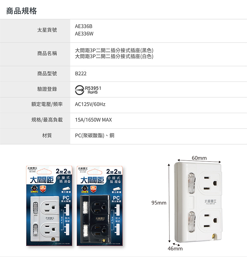 【太星電工】大間距3P二開二插分接式插座 壁插 轉接頭