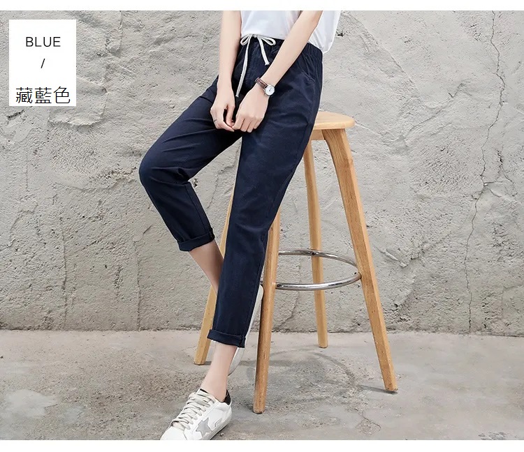 高腰顯瘦寬鬆亞麻九分哈倫休閒褲 女褲 多色任選 M-2XL